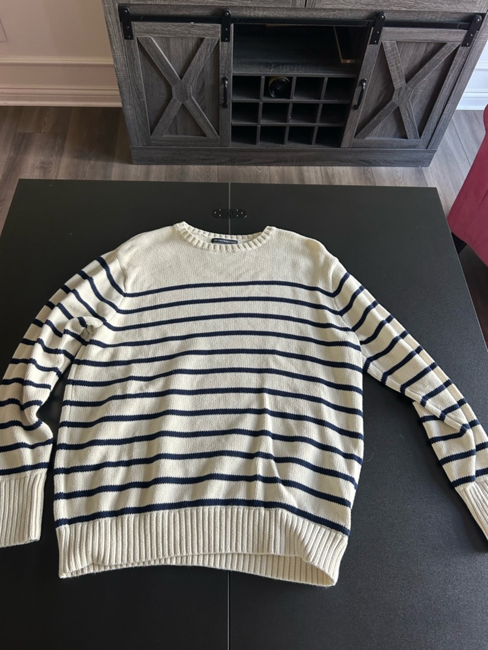 Brandy Melville Cream and Navy Striped Crewneck Sweater